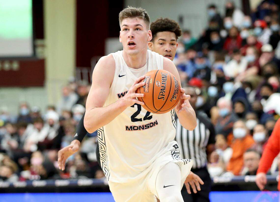 Wilbraham and Monson’s Kyle Filipowski (22) in action against Life Christian Academy during a high school basketball game at the Hoophall Classic, Monday, January 17, 2022, in Springfield, MA.
