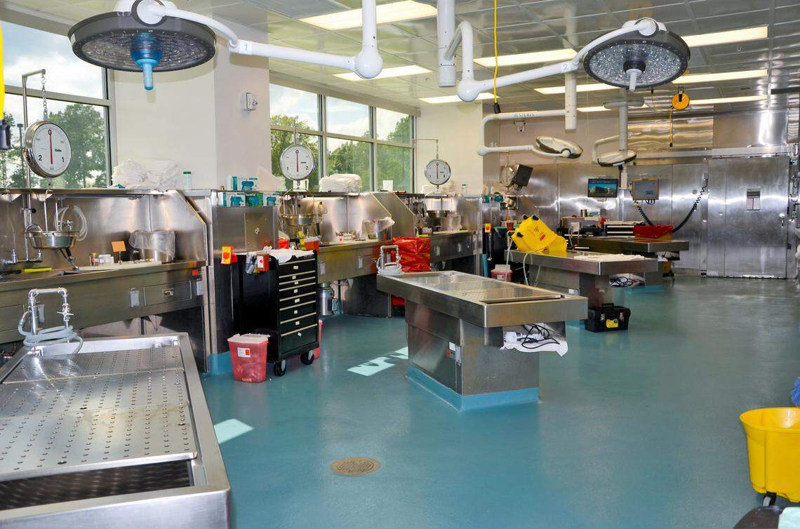 This is a photo of the main autopsy suite in the N.C. Office of the Chief Medical Examiner.