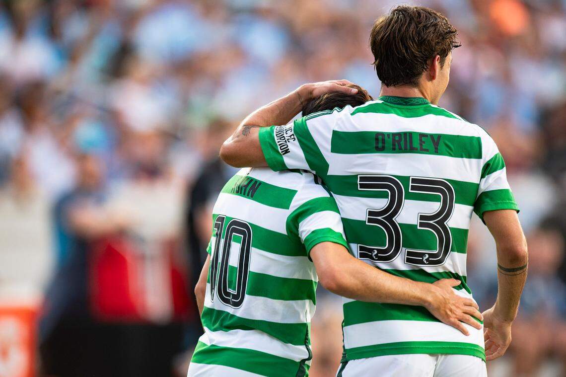 Celtic FC forward Nicholas Kühn (10) celebrates with teammate Celtic FC midfielder Matt O’Riley (33) after scoring a goal during the Celtic FC vs Manchester City at Kenan Stadium in Chapel Hill on Tuesday, July 23, 2024. Celtic FC won 4-3.