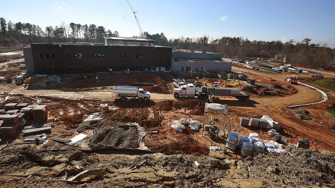 The worksite at the new Oakview Elementary School is full of activity as construction continues on Dec. 8, 2015, in Holly Springs, N.C.
