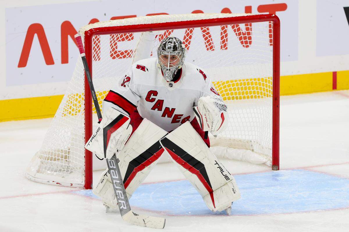 Sep 29, 2023; Sunrise, Florida, USA; Carolina Hurricanes goaltender Pyotr Kochetkov (52) plays his position against the Florida Panthers during the third period at Amerant Bank Arena.