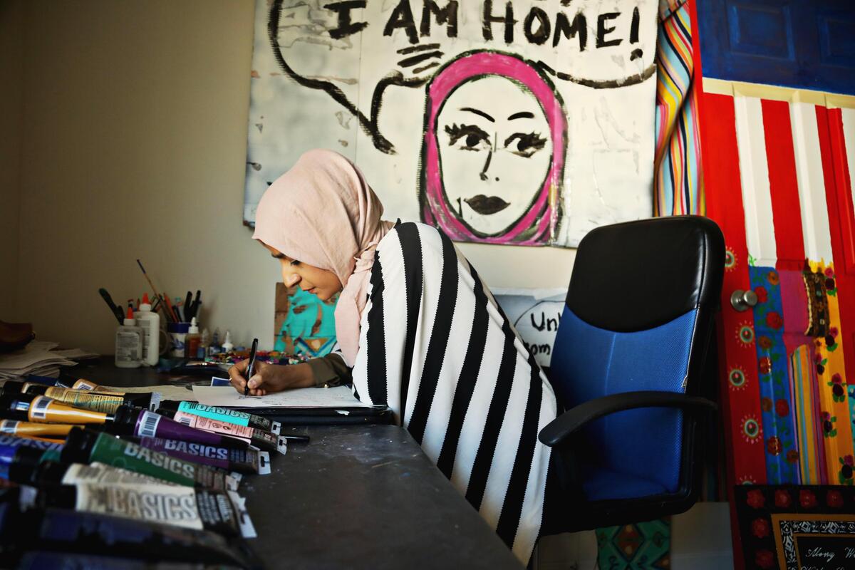 Kulsum Tasnif works on a sketch in her Raleigh home studio Friday, Feb. 1, 2019.