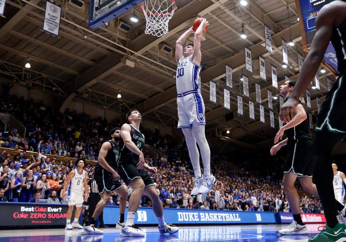 Duke’s Kyle Filipowski (30) heads to slam in two during Duke’s 92-54 victory over Dartmouth at Cameron Indoor Stadium in Durham, N.C., Monday, Nov. 6, 2023.