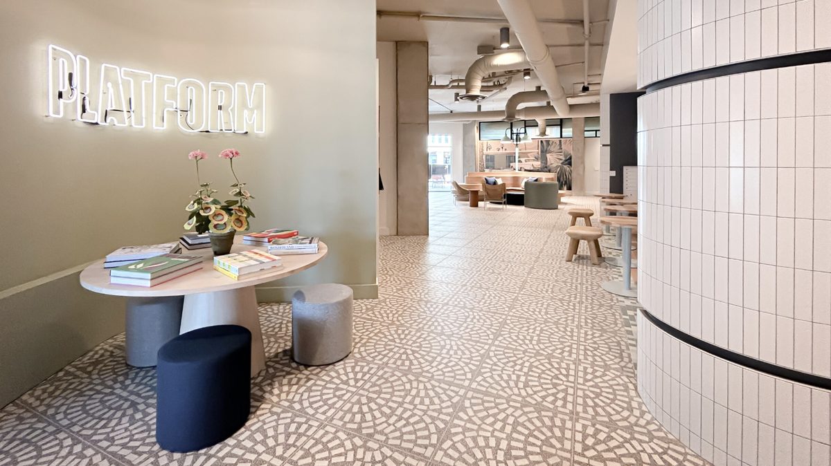 The foyer of Platform, a new 442-unit, “amenity-rich” apartment community on West Cabarrus Street.