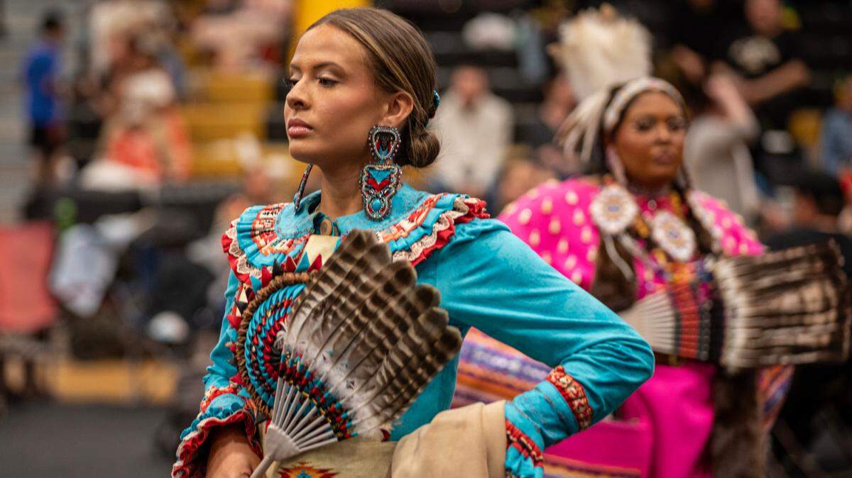 Trinity Locklear, 15, of the Lumbee tribe, dances at the Bravenation Powwow and Gathering at Pembroke at UNC-Pembroke, Saturday, March 23, 2025.