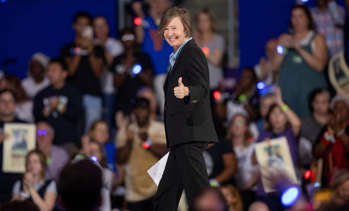 Rachel Hunt, candidate for North Carolina Lt. Governor, acknowledges the crowd after delivering remarks, prior to the arrival Vice President Kamala Harris, the Democratic Presidential nominee, on Sunday, October 13, 2024 at Minges Coliseum in Greenville, N.C.