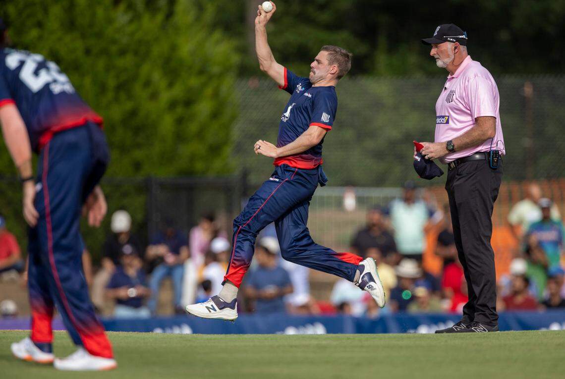 South African Anrich Nortje of the Washington Freedom bowls against the LA Knight Riders, during a Major League Cricket match on Thursday, July 20, 2023 at Church Street Park in Morrisville, N.C. Nortje, age 29, is one of the top cricketers in the world