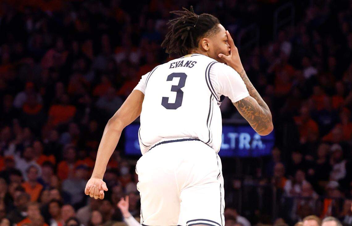Duke’s Isaiah Evans (3) celebrates making a three-pointer during the second half of Duke’s 110-67 victory over Illinois in the SentinelOne Classic at Madison Square Garden in New York City Saturday, Feb. 22, 2025.