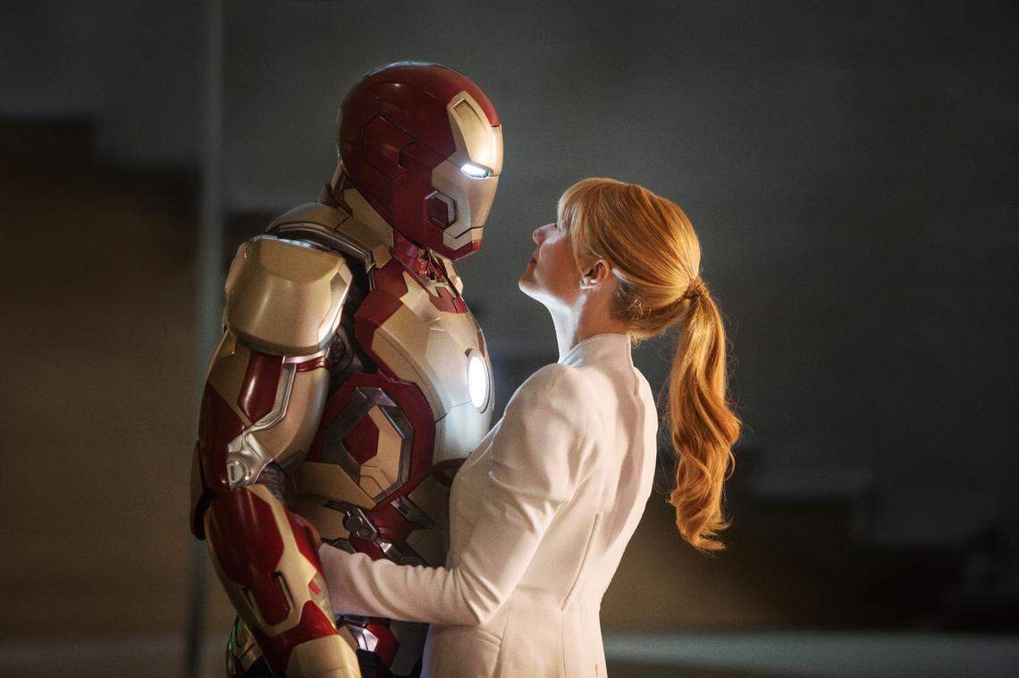 This film publicity image released by Disney-Marvel Studios shows Robert Downey Jr. as Tony Stark/Iron Man and Gwyneth Paltrow as Pepper Potts with in a scene from “Iron Man 3.” Much of the movie was filmed in North Carolina in 2012.