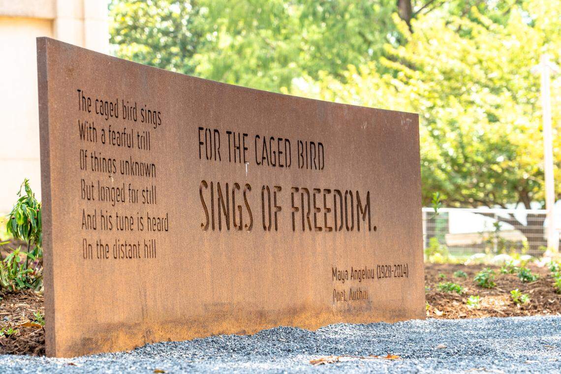 A quote from Maya Angelou is among the engraved quotations featured at the new North Carolina Freedom Park in downtown Raleigh, N.C. It opens Aug. 23, 2023.
