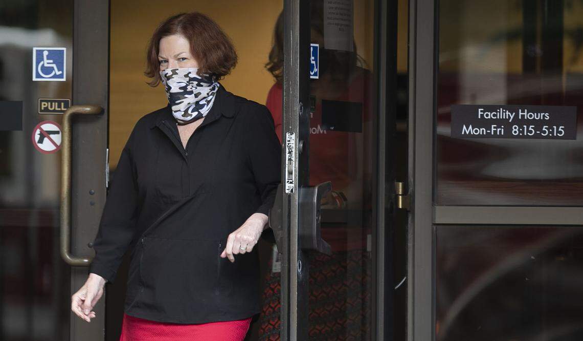 Raleigh Mayor Mary-Ann Baldwin arrives for a press briefing wearing a face covering on Wednesday, June 17, 2020 in Raleigh, N.C.