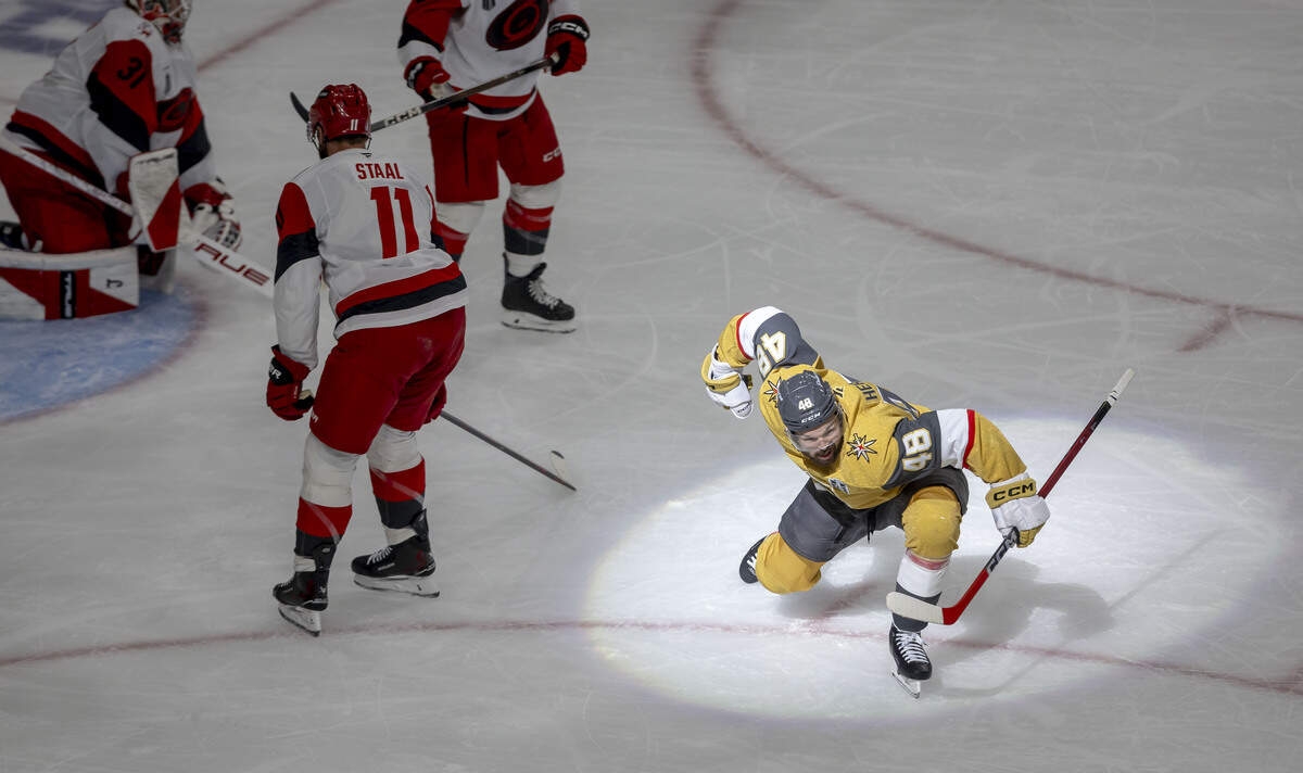 Vegas center Tomáš Hertl (48) celebrates after scoring on Carolina goalie Frederik Andersen to take a 1-0 lead in the second period during Game 3 of the Stanley Cup Final, on Saturday, June 6, 2026 at T-Mobile Arena in Las Vegas, NV.