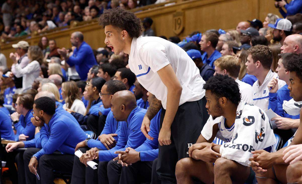 Duke’s Tyrese Proctor yells to the team during the second half of Duke’s 80-56 victory over Charlotte at Cameron Indoor Stadium in Durham, N.C., Saturday, Dec. 9, 2023.