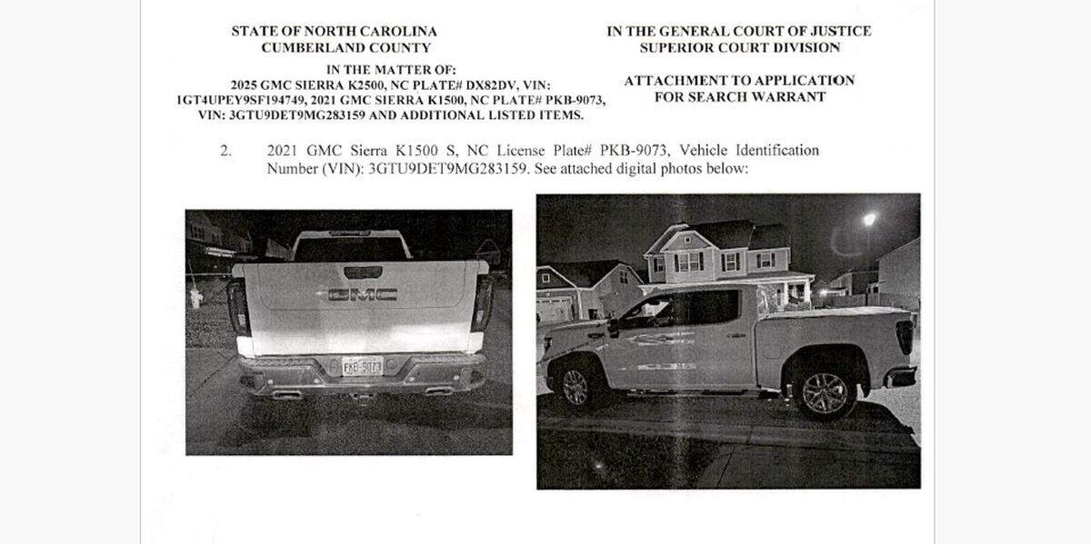 A screenshot of an State Bureau of Investigation search warrant showing Cumberland County Sheriff’s Office Capt. Adam Bean’s truck parked in front of the Seattle Slew Lane address where he was found.