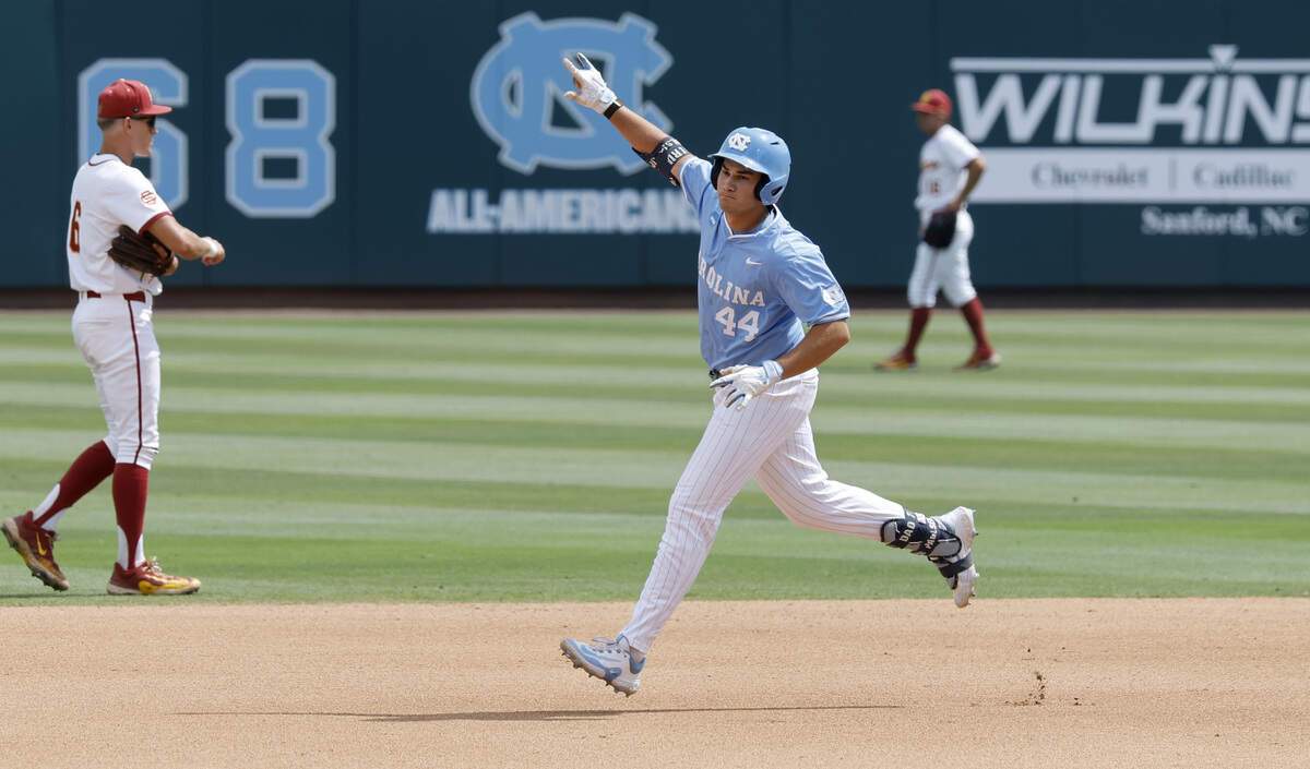 North Carolina's Erik Paulsen (44) celebrates after hitting a home run in the sixth inning during UNC’s game against USC in the second game of the Chapel Hill Super Regional at Boshamer Stadium in Chapel Hill, N.C., Saturday, June 6, 2026.