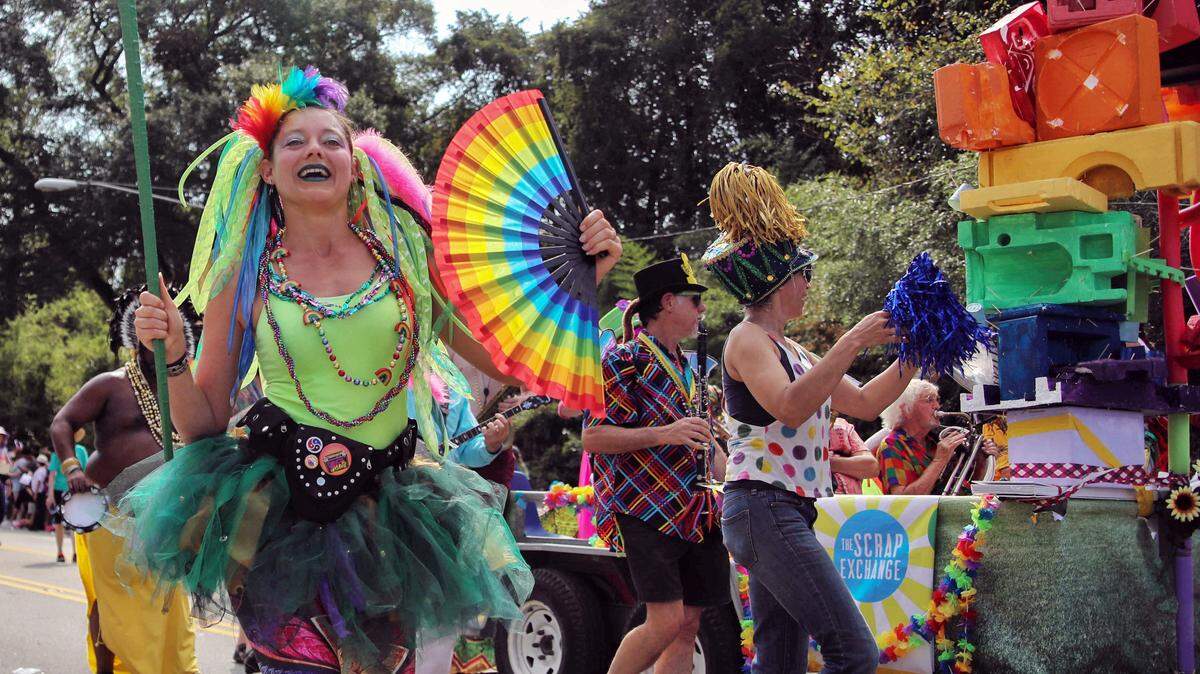 The Bulltown Strutters, a New Orelans-style group, performs in the Durham Pride parade Saturday morning Sept. 28, 2019.