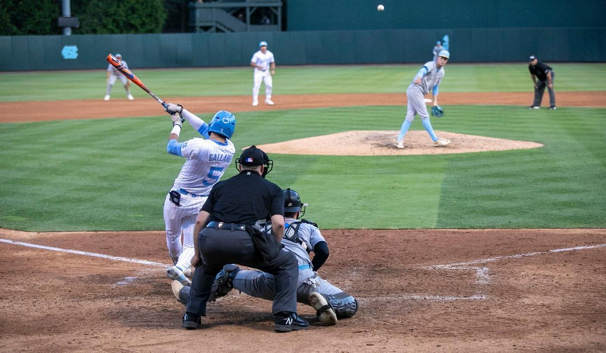 North Carolina’s Gavin Gallaher (5) connects for a double in the sixth inning against Long Island University in the NCAA Regional on Friday, May 31, 2024 at Boshamer Stadium in Chapel Hill, N.C.
