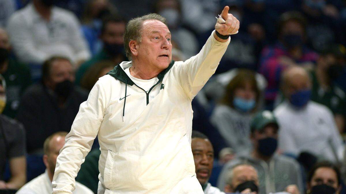 Michigan State coach Tom Izzo gives instructions to his team in the second half of an NCAA college basketball game against Penn State Tuesday, Feb. 15, 2022, in State College, Pa. (AP Photo/Gary M. Baranec)