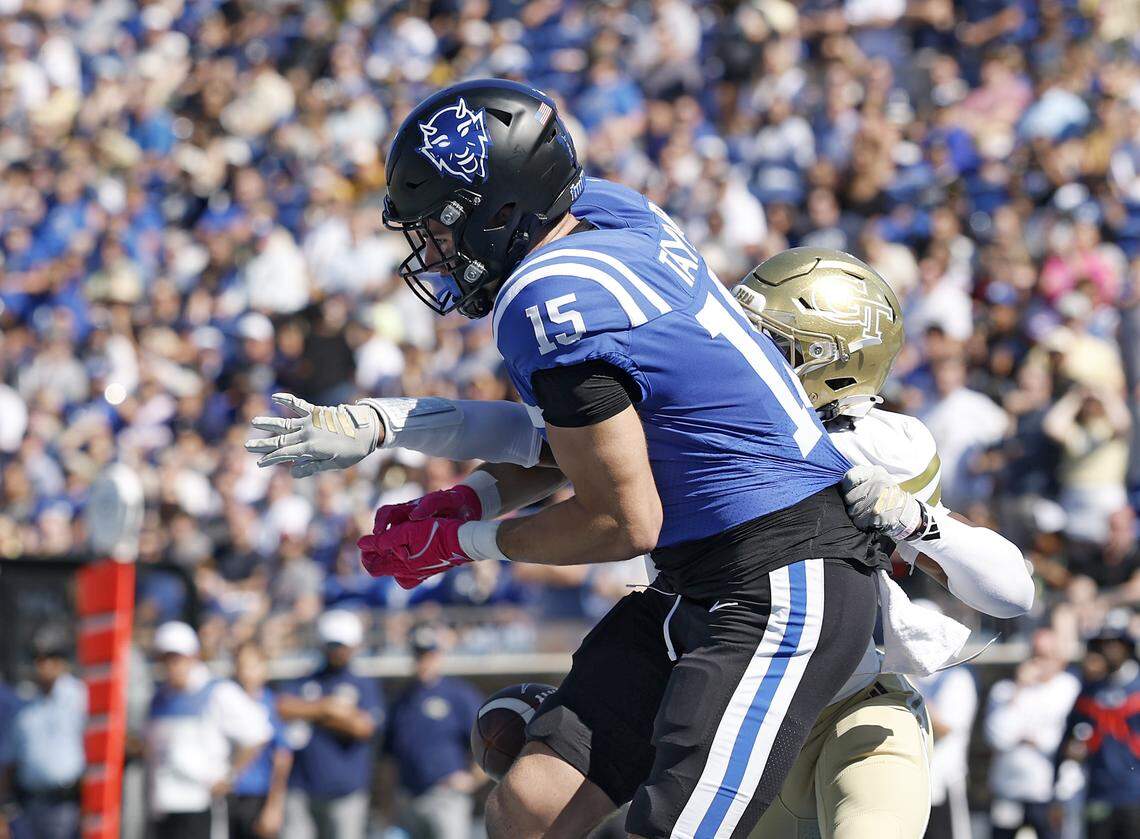 Georgia Tech’s Daiquan White breaks up a pass intended for Duke’s Jake Taylor during the first half of the Blue Devils’ 27-18 loss on Saturday, Oct. 18, 2025, at Wallace Wade Stadium in Durham, N.C.