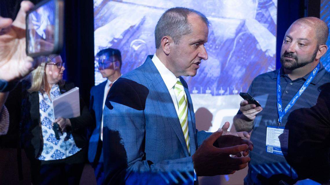 ACC Commissioner Jim Phillips talks with reporters following his Commissioner’s Forum in the Westin grand ballroom during the 2022 ACC Football Kickoff on Wednesday, July 20, 2022 in Charlotte, N.C.