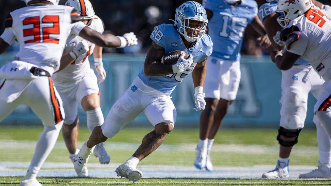 North Carolina’s Omarion Hampton (28) breaks open for a 16-yard run in the third quarter against Campbell on Saturday, November 4. 2023 at Kenan Stadium in Chapel Hill, N.C.
