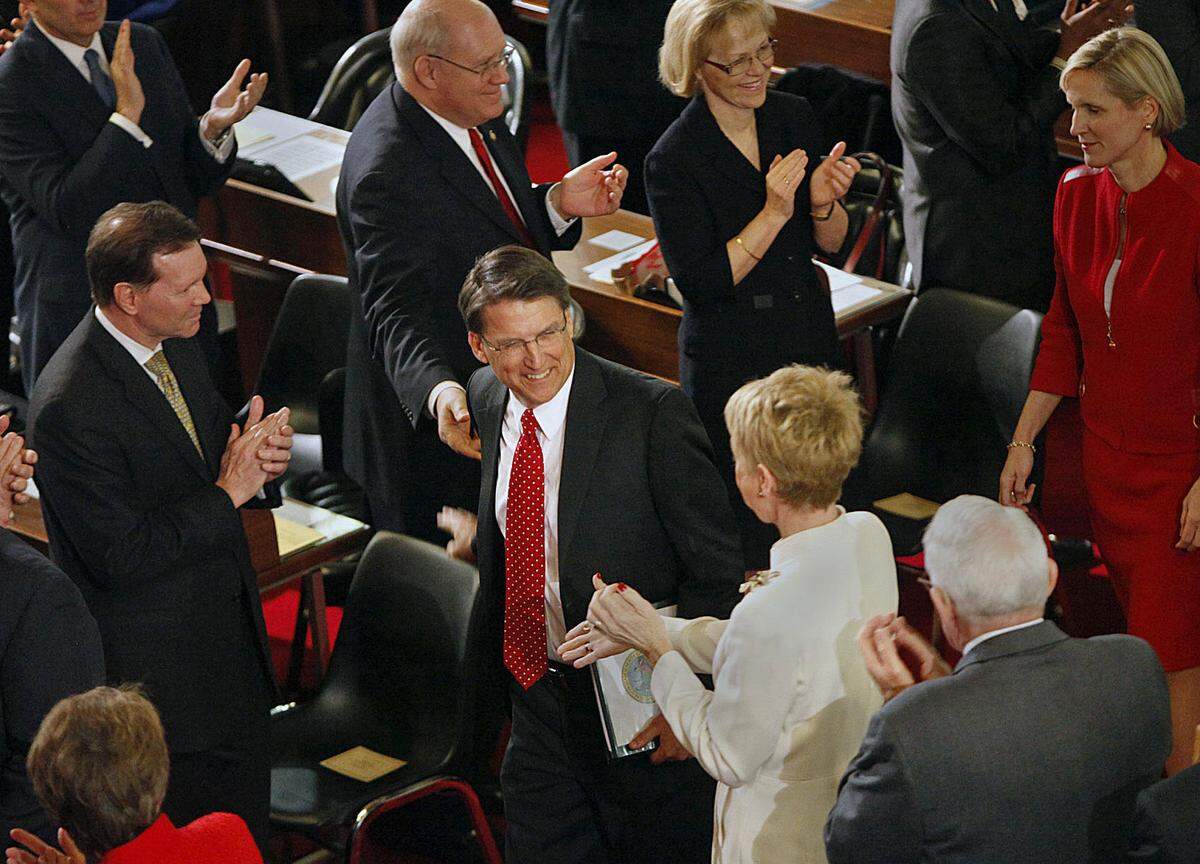 Gov. Pat McCrory enters the House chambers before delivering his State of the State address Monday, February 18, 2013, at the state Legislative Building in Raleigh.