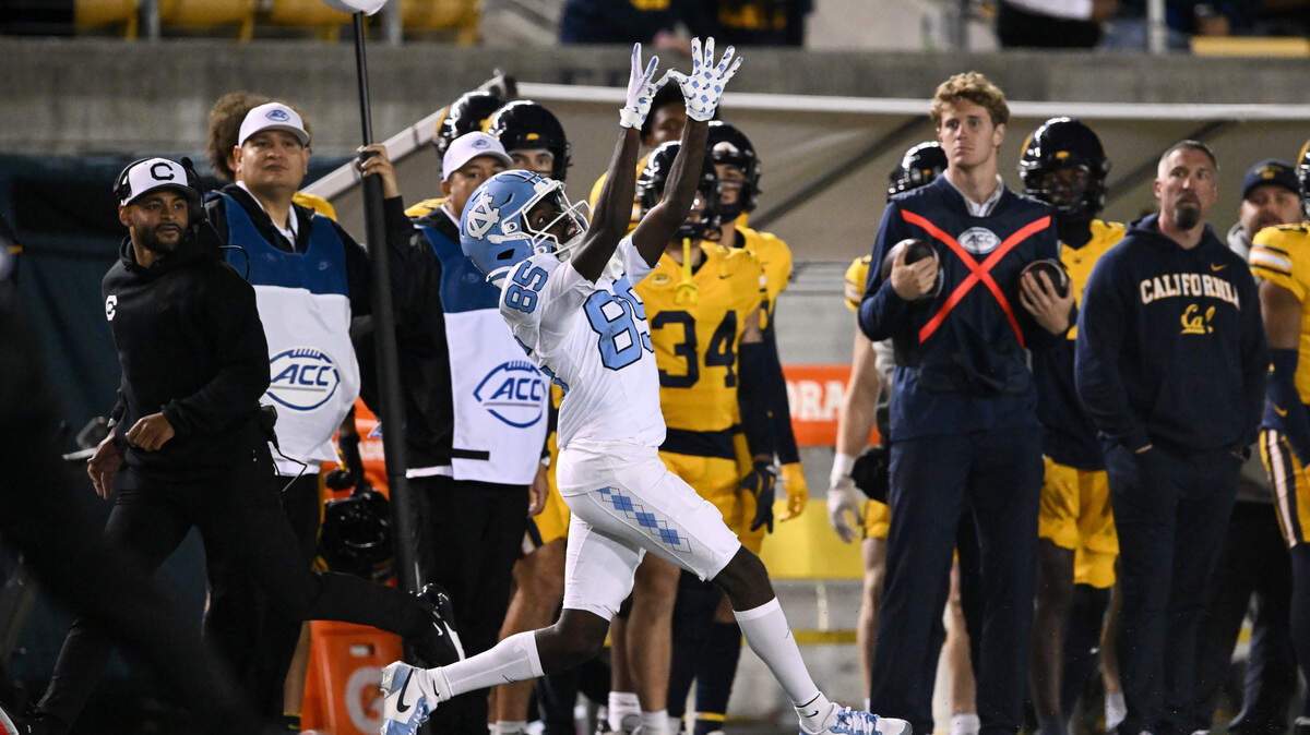 UNC’s Shanard Clower catches a pass during the second half against the North Carolina Tar Heels at California Memorial Stadium on October 17, 2025 in Berkeley, California. 