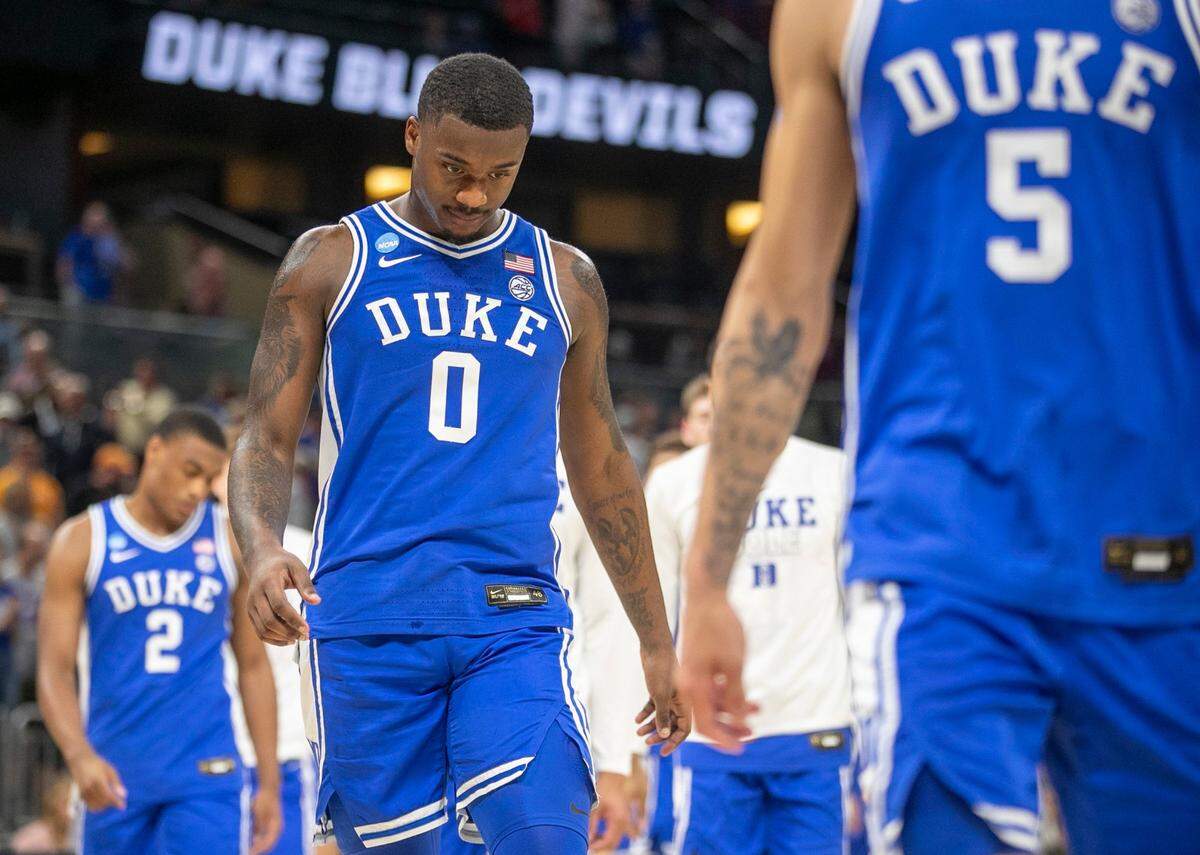 Duke’s Dariq Whitehead (0) leaves the court following the Blue Devils’ 65-52 loss to Tennessee in the second round of the NCAA Tournament on Saturday, March 18, 2023 at the Amway Center in Orlando, Fla.