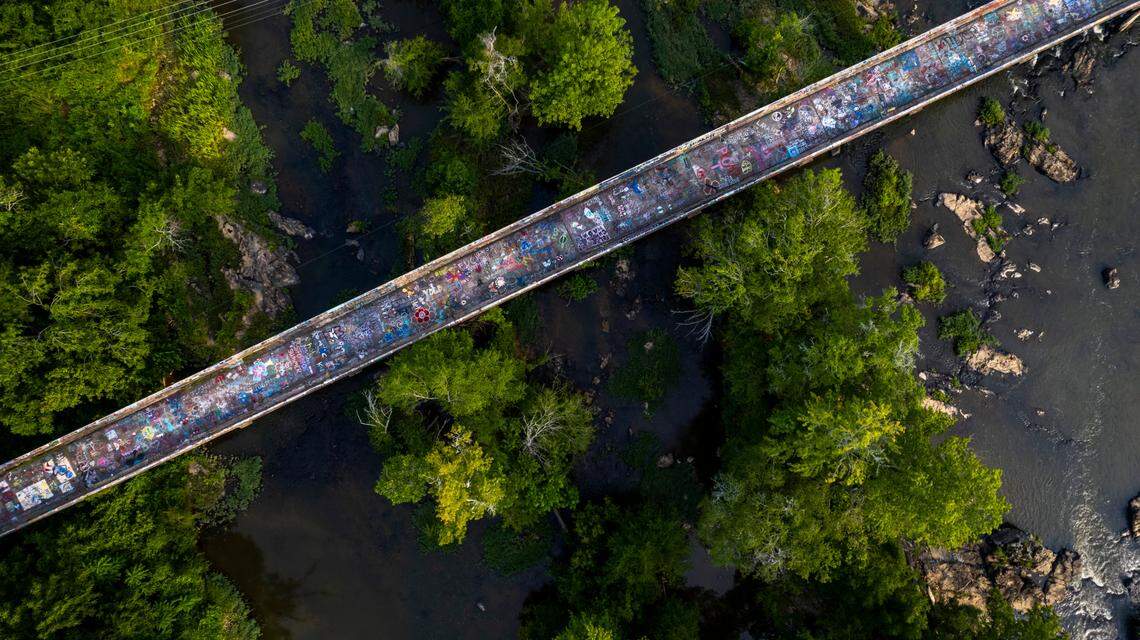 An aerial view of the Old Bynum bridge on the Haw River in Bynum.