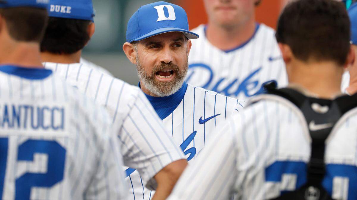 Duke coach Chris Pollard talks with the team before the Blue Devils’ game against N.C. State during the ACC Baseball Championship at the Durham Bulls Athletic Park in Durham, N.C., Tuesday, May 23, 2023.