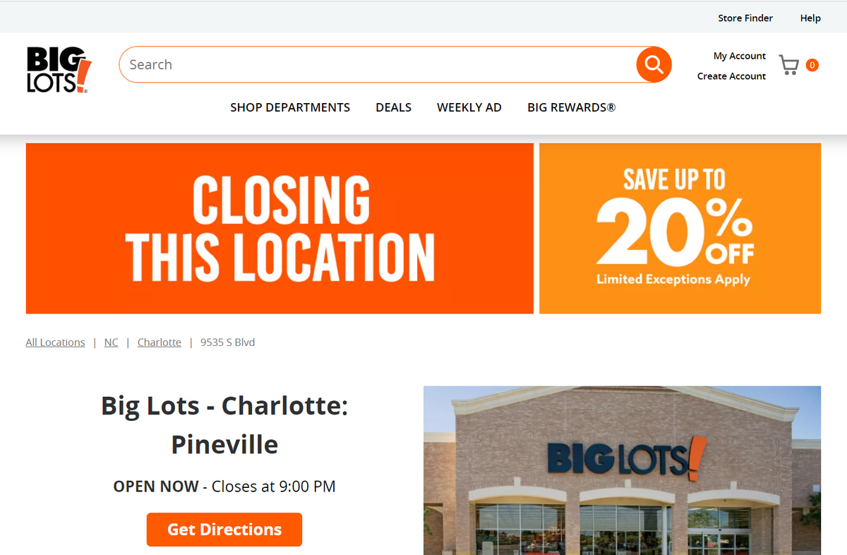 Discount retailer Big Lots announced in a June SEC filing that is plans to close up to 40 stores in 2024. This screen shot shows a Charlotte store with a “closing this location” message on its website.