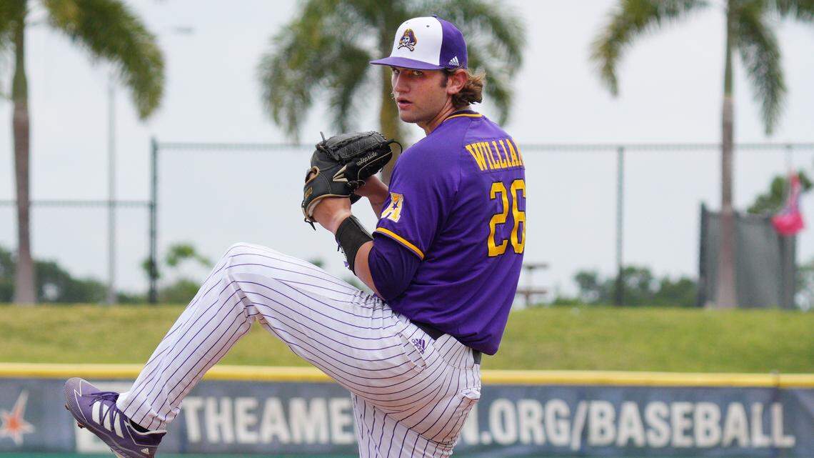 ECU pitcher Gavin Williams in action against Memphis earlier in the 2021 season.