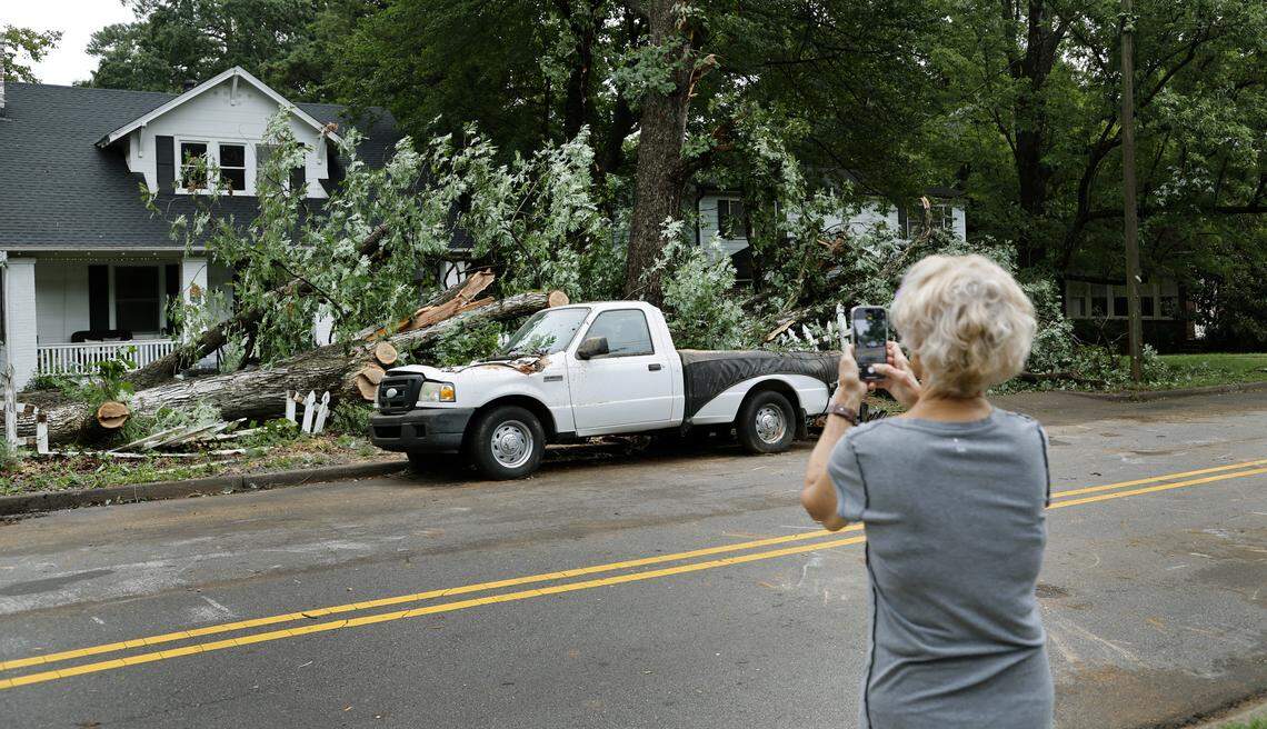 Christine Meyer takes a photo of the remains of a fallen tree in front of a home on Fairview Road in Raleigh on Tuesday morning, Aug. 12, 2025.