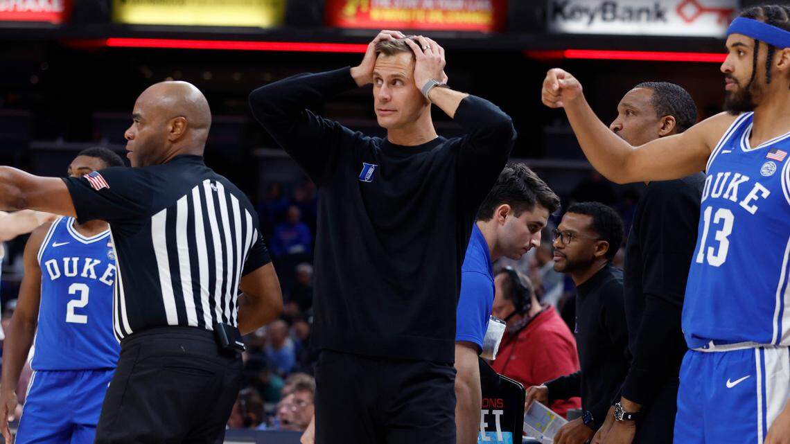 Duke head coach Jon Scheyer is not sure about the official’s call during the second half of Kansas’ 69-64 victory over Duke in the State Farm Champions Classic in Indianapolis, Ind. Tuesday, Nov. 15, 2022.