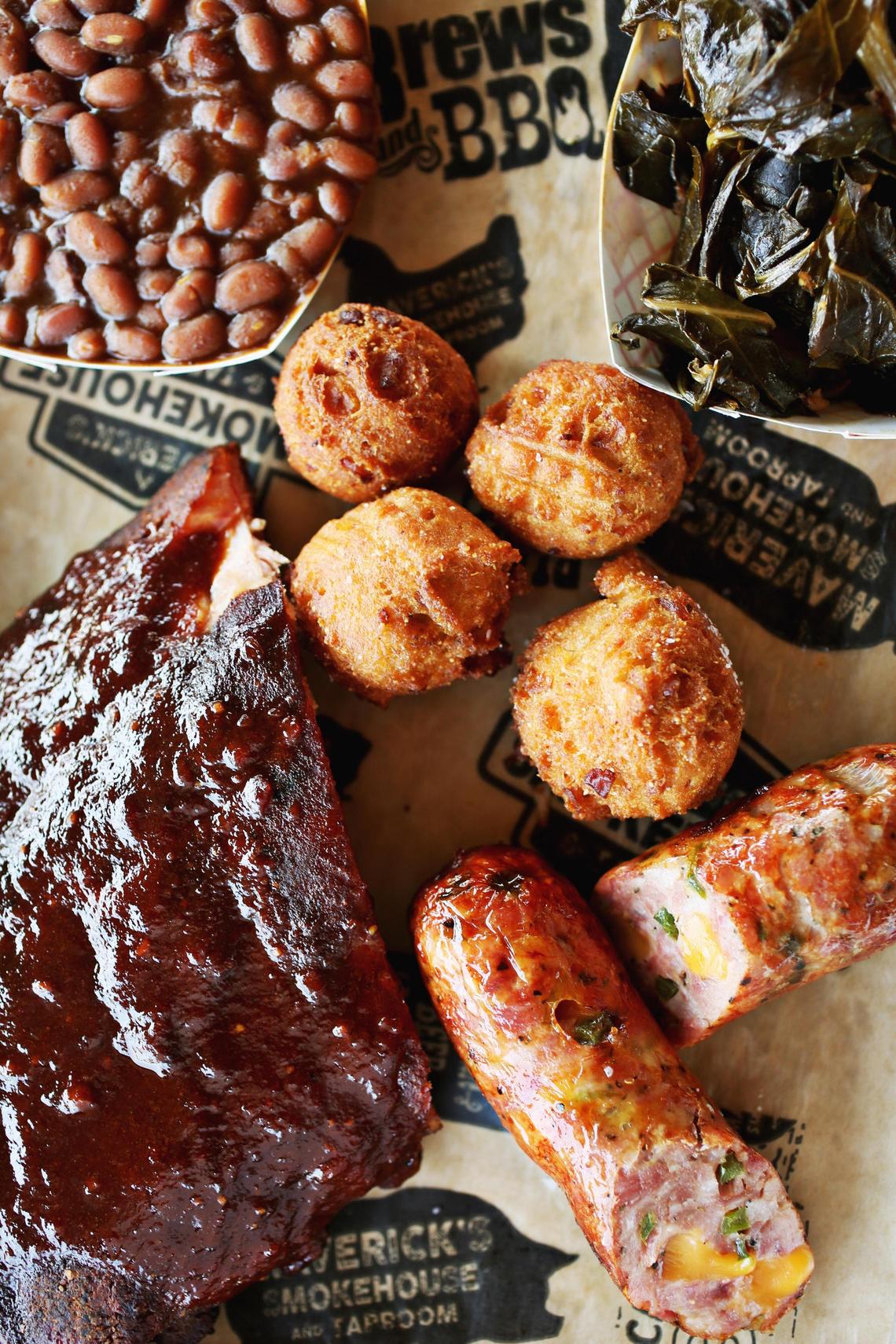Maverick’s in Durham serves Memphis dry-rubbed ribs and smoked house-made jalapeño-cheddar sausage with collard greens with house beef, hush puppies and bourbon baked beans seasoned with ham hock.