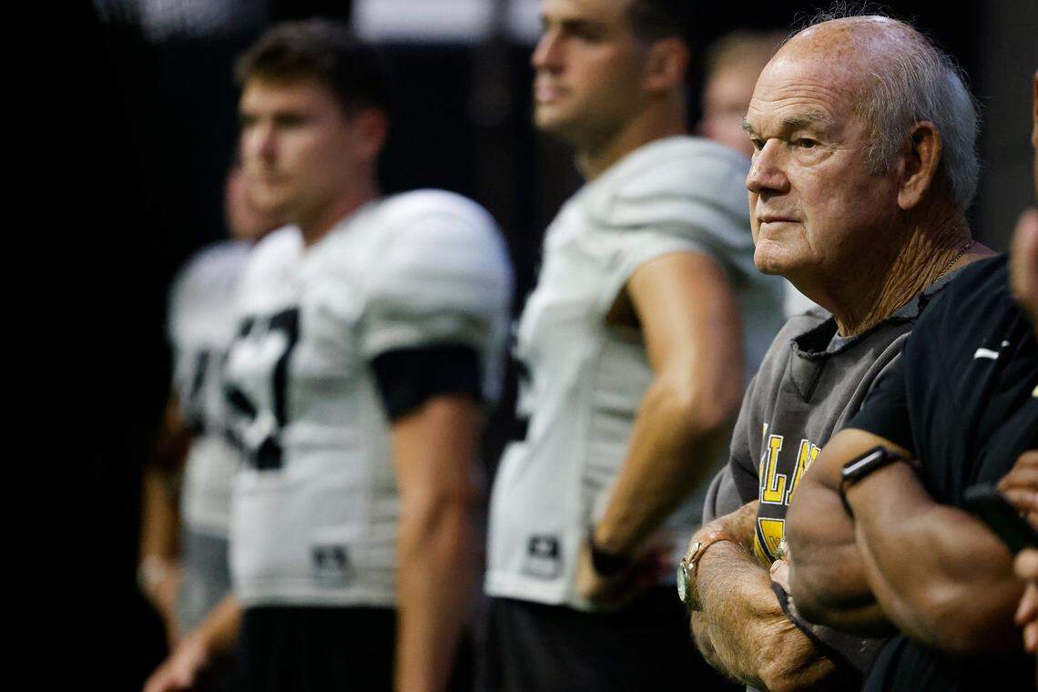 Former Appalachian State Mountaineers head football coach Jerry Moore watches an indoor practice at App State in Boone, N.C., Tuesday, Aug. 30, 2022. Moore was coach of the Mountaineers when they upset No. 5 Michigan 34-32 in 2007.