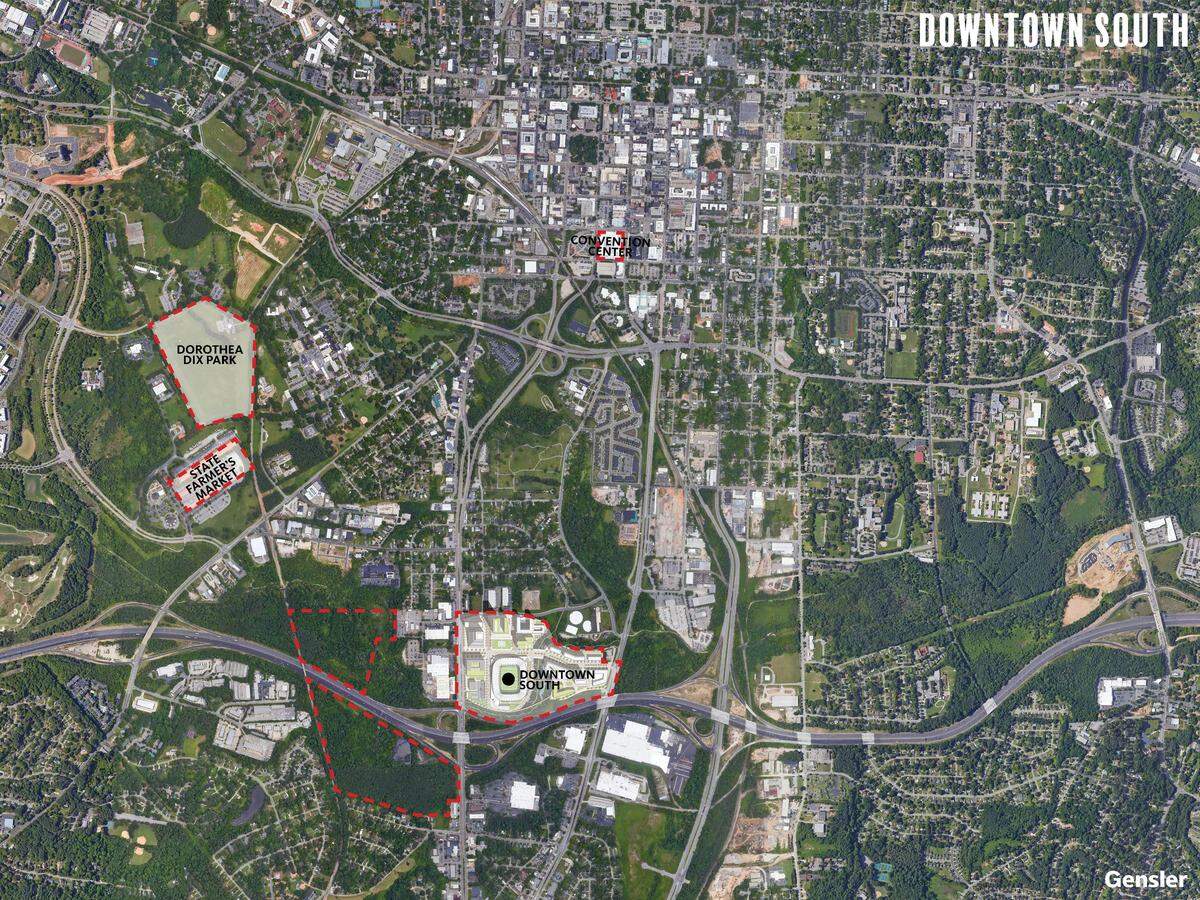 The North Carolina Football Club and Kane Realty have acquired land in the area labeled “Downtown South” and have contracts to buy the two outlined wooded areas along I-40.