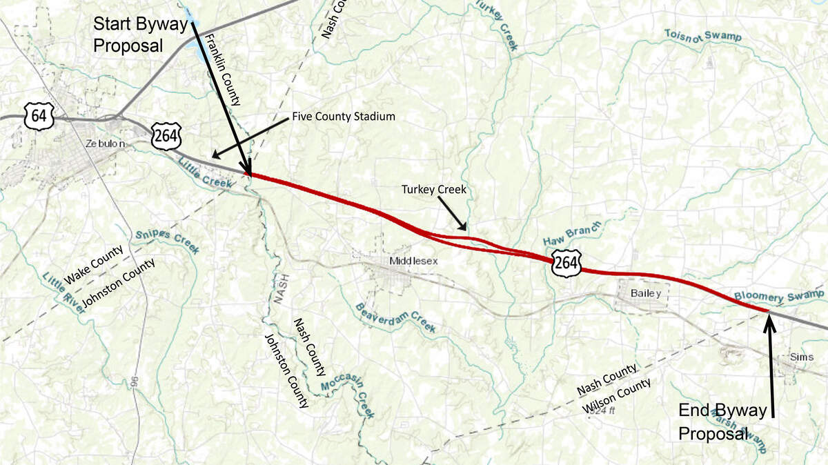 The Turkey Creek Byway, approved by the N.C. Board of Transportation on Thursday, runs the entire 11-mile length of U.S. 264 in Nash County, east of Zebulon.