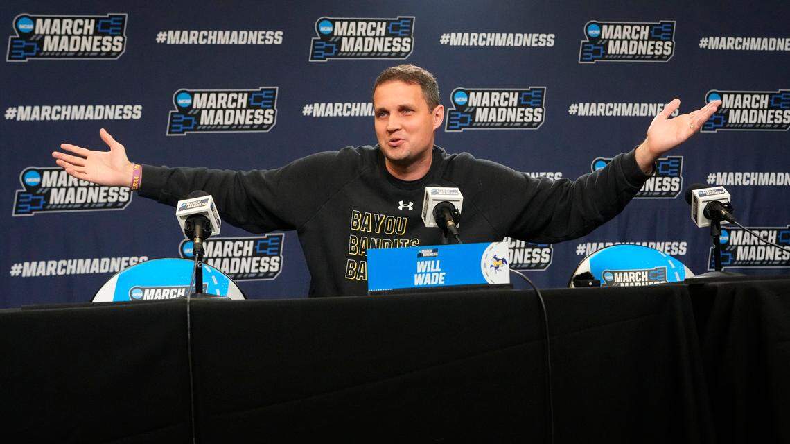 McNeese State Cowboys head coach Will Wade answers questions during the first round practice session press conference at Amica Mutual Pavilion, Mar 19, 2025.