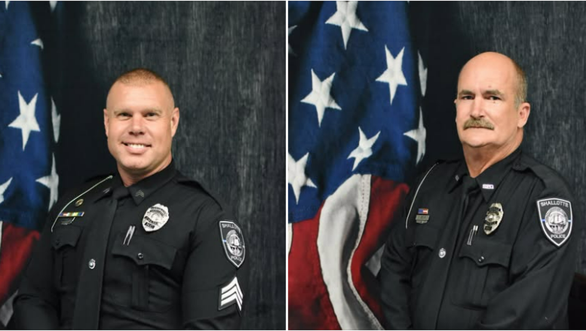 Sergeant Jeremy Ferguson (left) and Officer Christopher Brown were honored with Life Saving Awards at a June 3 Shallotte board meeting.