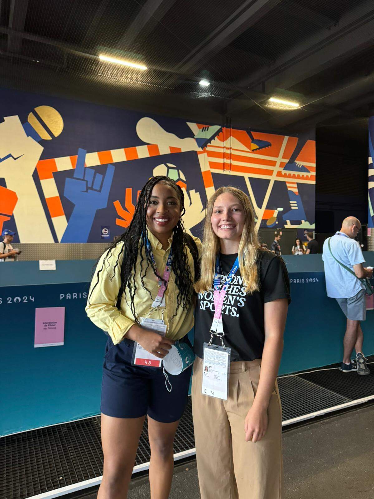 Former Elon women’s basketball player Zora Stephenson (left) and UNC student Anna Laible, meet at the Olympic Media Center in Paris, France, during the 2024 Olympic games.