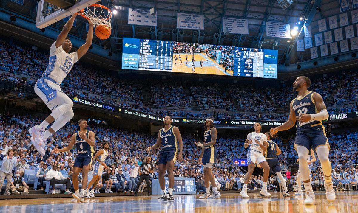 North Carolina’s Jalen Washington (13) gets a dunk in the first half against Charleston Southern on Friday, December 29, 2023 at the Smith Center in Chapel Hill, N.C. Washington scored a career high 17 points in the Tar Heels’ victory.