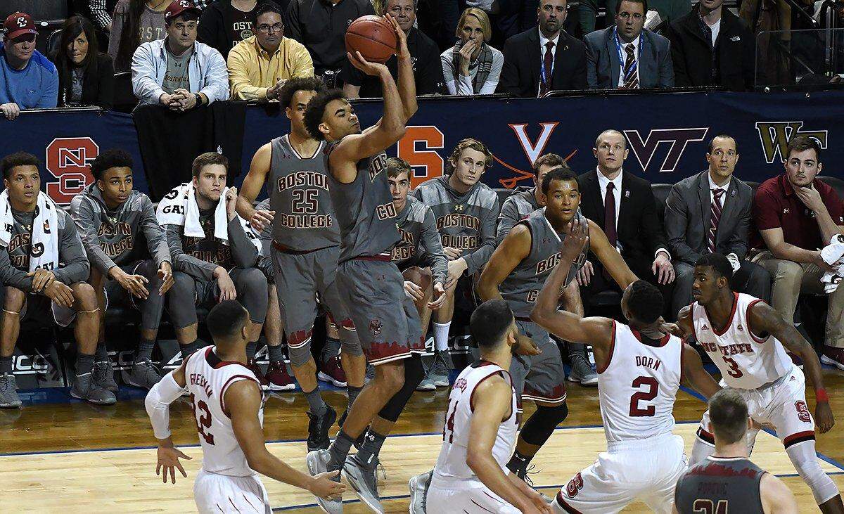 Boston College guard Jerome Robinson (1) fires up a two pointer over the Wolfpack defense with :17 seconds left in the game to put the Eagles ahead for good.