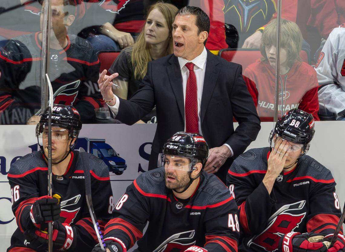 Carolina Hurricanes coach Rod Brind’Amour directs his team in the third period during Game 5 of the NHL Eastern Conference quarterfinals against the New York Islanders on Tuesday, April 30, 2024 at PNC Arena, in Raleigh N.C.