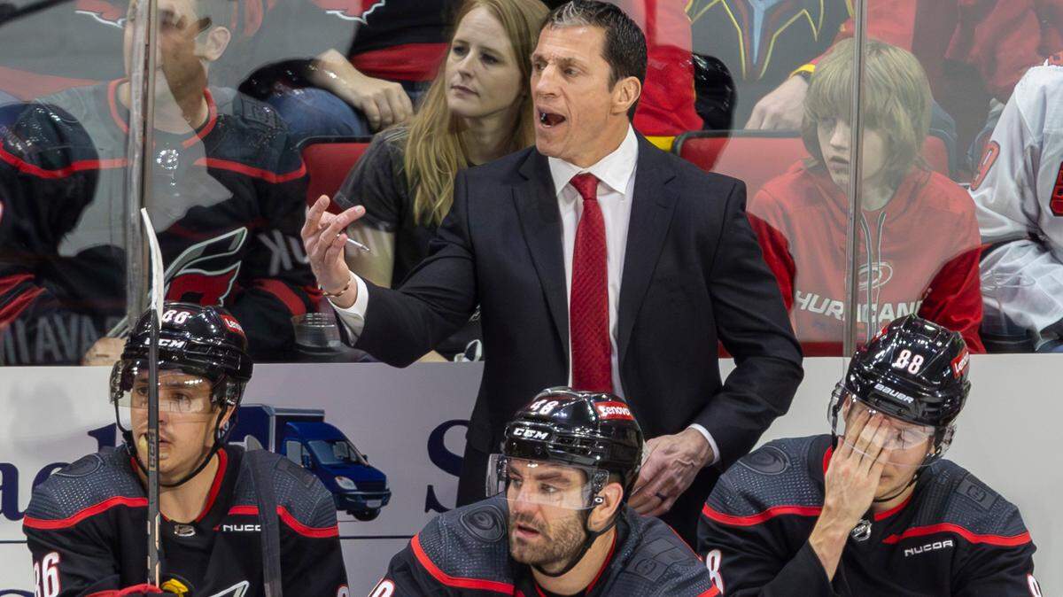 Carolina Hurricanes coach Rod Brind’Amour directs his team in the third period during Game 5 of the NHL Eastern Conference quarterfinals against the New York Islanders on Tuesday, April 30, 2024 at PNC Arena, in Raleigh N.C.
