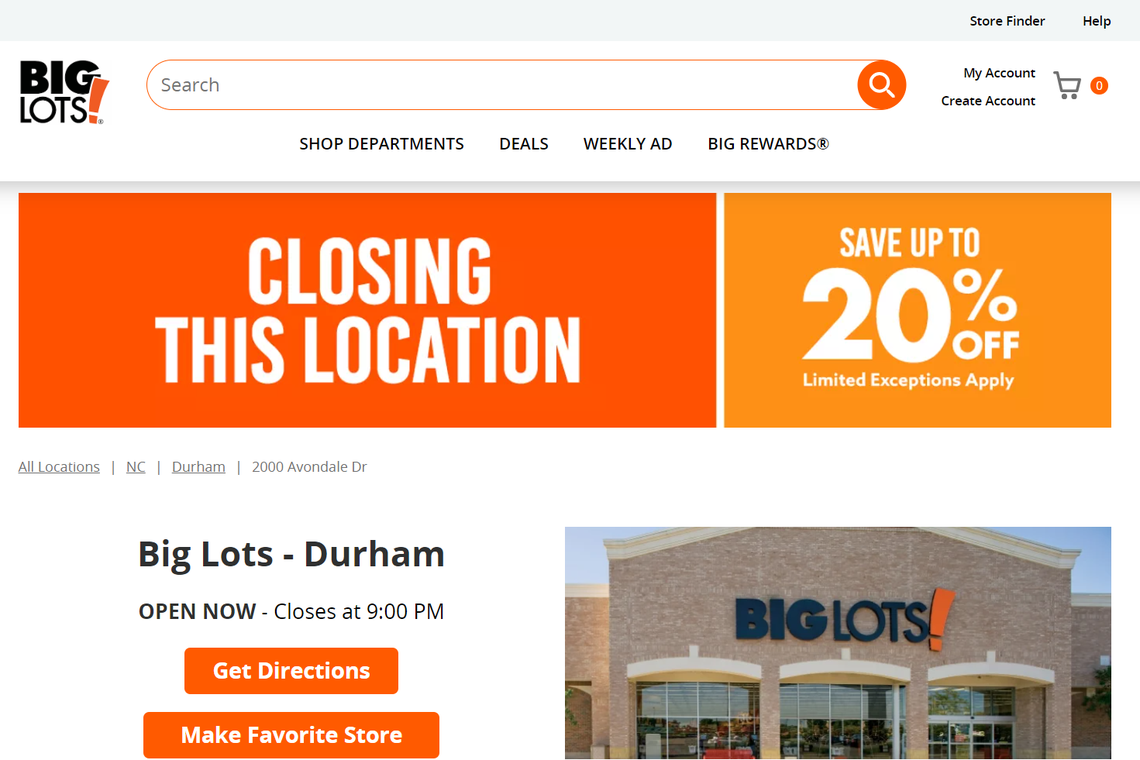 This screen shot from Aug. 5, 2024, shows that the Big Lots at 2000 Avonale Drive in Durham, North Carolina, is closing.