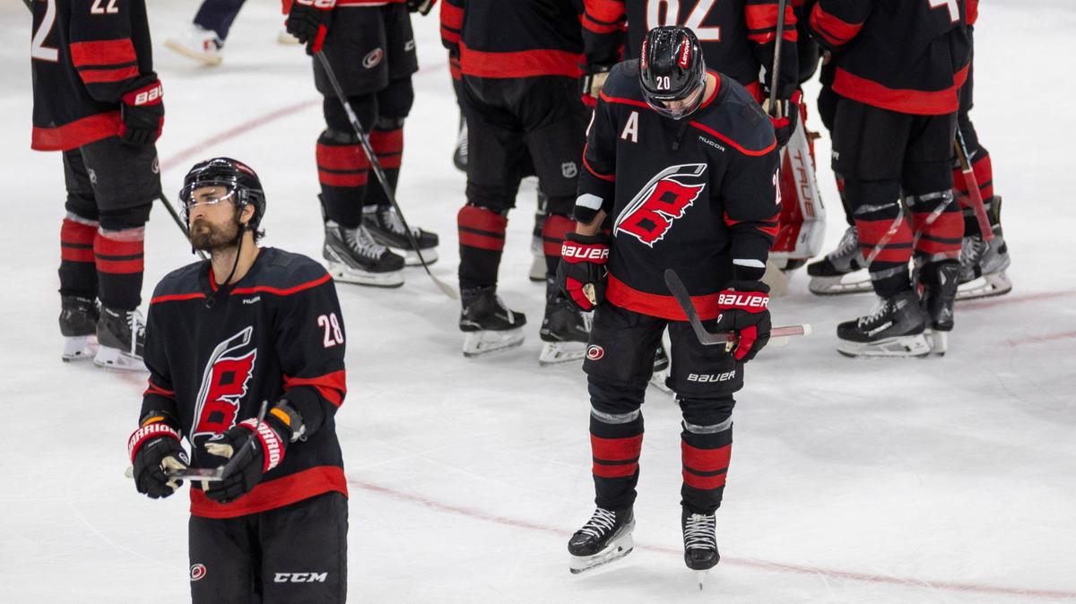Carolina Hurricanes center Sebastian Aho (20) reacts as he leaves the ice following their 5-3 season ending loss to the Florida Panthers on Wednesday, May 28, 2025 at Lenovo Center in Raleigh, N.C.