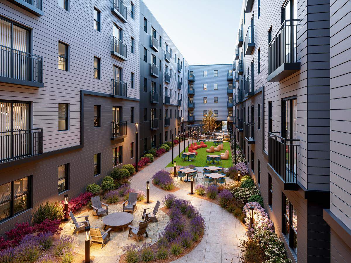 A rendering of the courtyard at Signature at Varsity, a 679-bed student housing project currently under construction in Raleigh.