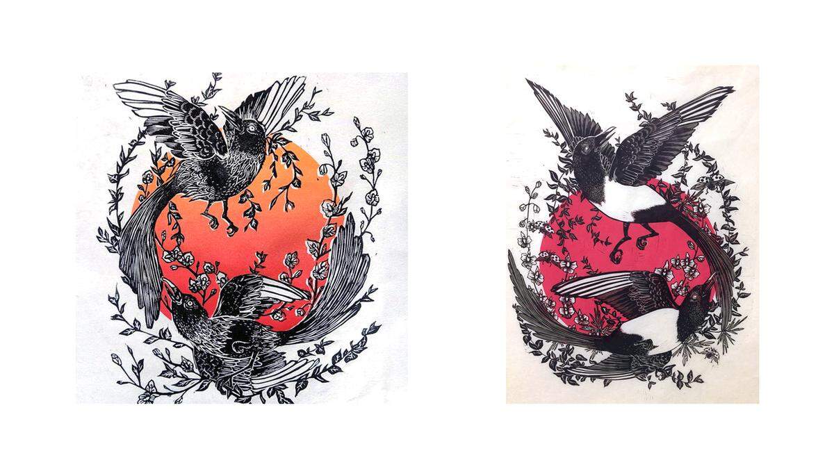 Lauren Ralph’s “Raven in the Sun,” from Ralph’s Etsy site, left, and Michigan artist El Ronan’s “Two For Mirth,” from her website.