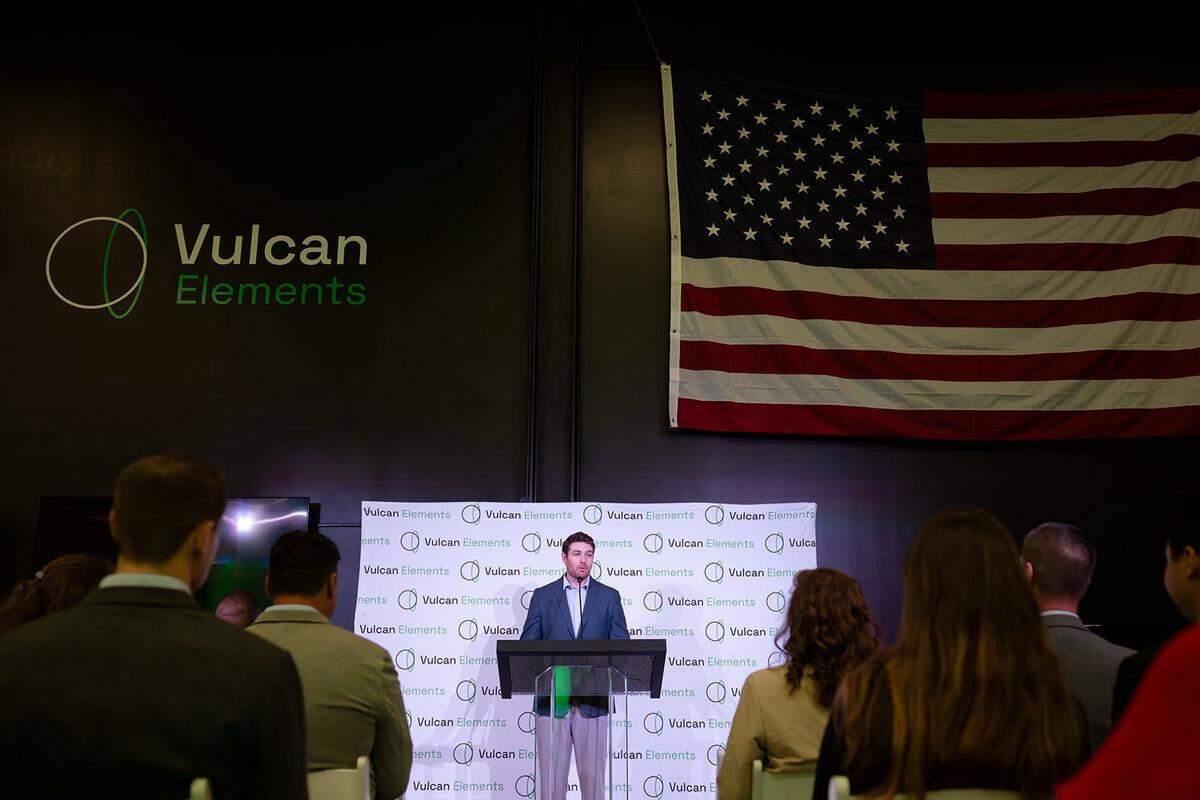 Vulcan Elements cofounder and CEO John Maslin gives opening remarks at the company’s facility grand opening in Research Triangle Park on March 31, 2025.